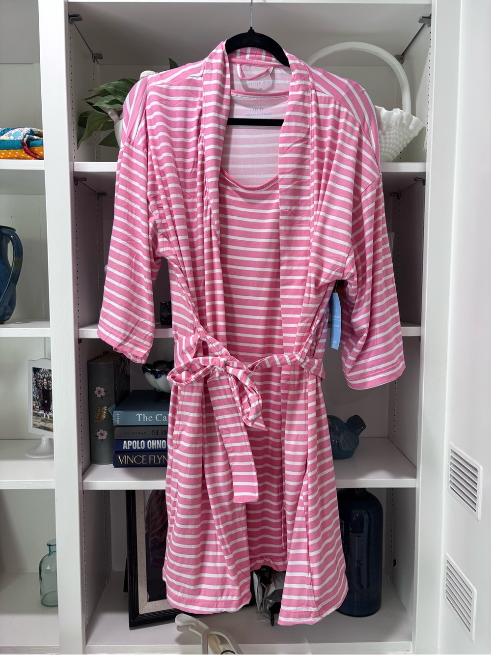 Draper James Pink & White Striped Gown Robe with Belt M/L